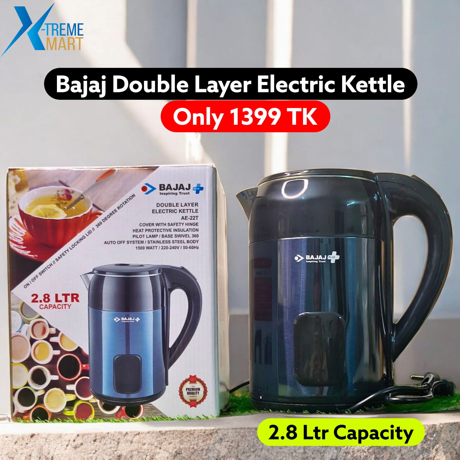 Double Layer Bajaj Electric Kettle 2.8 L (Blue) - Image 2